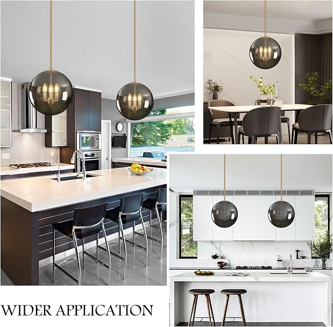 Bagood 14 Inch Globe Pendant Light Gold Large Globe Pendant Lights Kitchen Island Gold Mid Century Light Fixture with Gray Clear Glass Adjustable Hanging Lights for Living Room Foyer (Bulb Included)