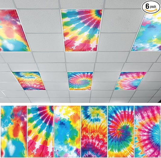 QOUBAI 6PCS Fluorescent Light Covers, 4x2 Feet Magnetic Light Cover Fluorescent Lights Shade Panel Positive Inspirational Ceiling Lights Filters for Office Classroom Home Drop Ceiling Tie Dye