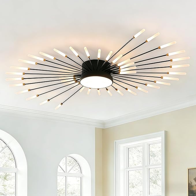 Modern Ceiling Light LED Flush Mount Ceiling Light for Living Room,Kitchen,Dining Room,Bedroom Fireworks Design Dimmable with Remote Control & Memory Function Lighting Fixture (Black,42 Light)