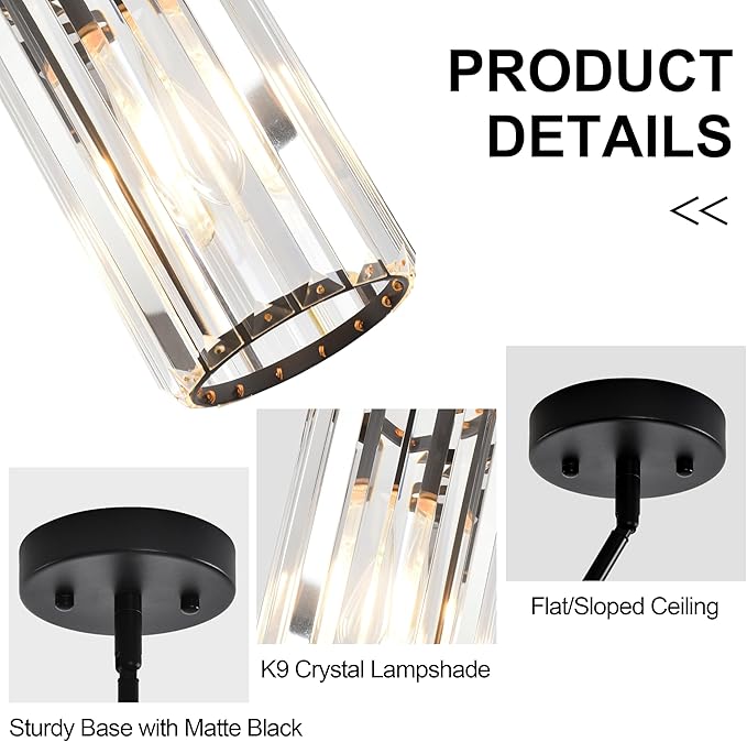 3-Pack Matte Black Pendant Light Fixtures, Crystal Kitchen Pendant Lighting Over Island,Mini Modern Pendant Lights for Kitchen Island, Dining Room, Hallway, Foyer, Entryways