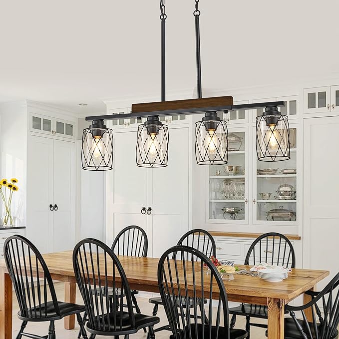 4-Light Dining Room Light Fixture/Chandelier Over Table, Island Lighting Hanging for Farmhouse Linear Chandeliers Matte Black Rustic Wood Ceiling Pendant Light Fixtures, with Clear Glass Shade