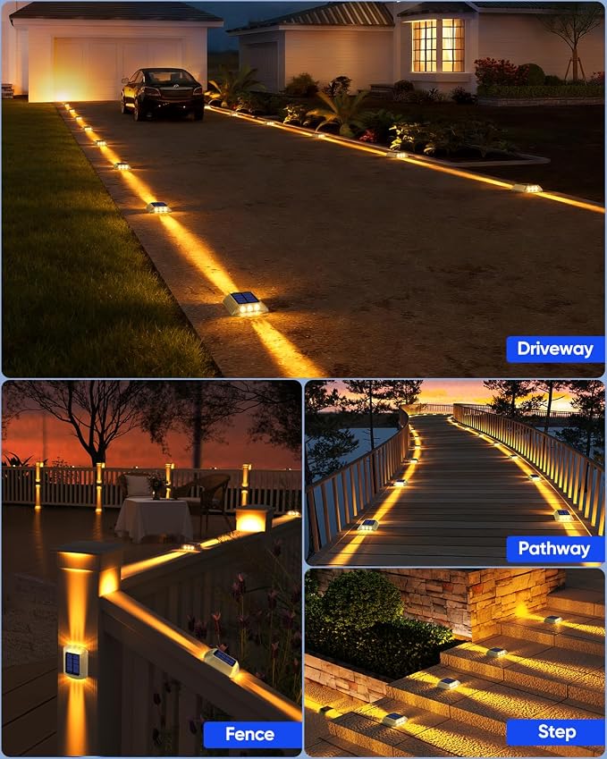 DetarZinLED Solar Deck Lights Outdoor, 8 Pack Warm Driveway Lights Solar Powered, IP68 Waterproof Stick on & Screw Dock Light for Pathway, Walkway, Sidewalk, Patio, Pool Deck, Garden, Step