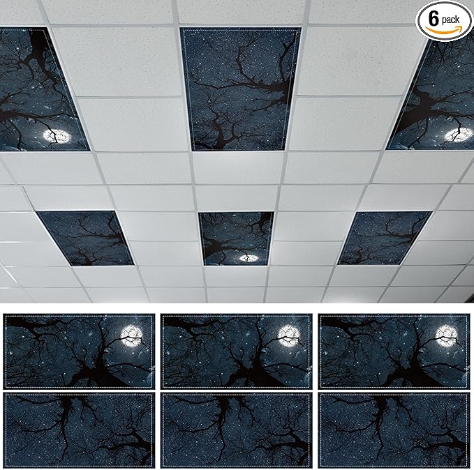 Wiooffen 6 Pcs Fluorescent Light Covers with 60 Magnets Decorative for Classroom Ceiling Light 4 x 2 Ft Magnetic Light Cover Filter Easy Install for Office Hospital Home Ceiling Supplies (Dark Forest)