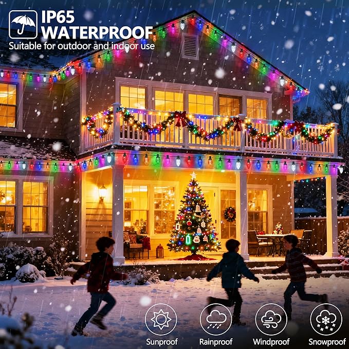iBaycon RGB C9 Christmas Lights, 129FT Color Changing String Lights Remote Control Waterproof Outdoor, C9 String Light for Xmas Tree House Eaves Roof Christmas Holiday Decor (Non-Connectable)