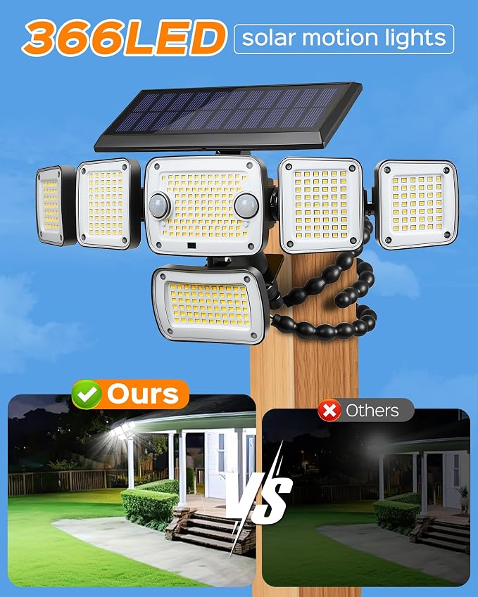 Motion Sensor Outdoor Lights with Flexible Octopus Tripod,5000LM 336LED Security Flood Lights with Remote Control, 360°Wide Angle, 6 Heads Solar Lights Outdoor Waterproof for Yard Patio Garage(2pack)