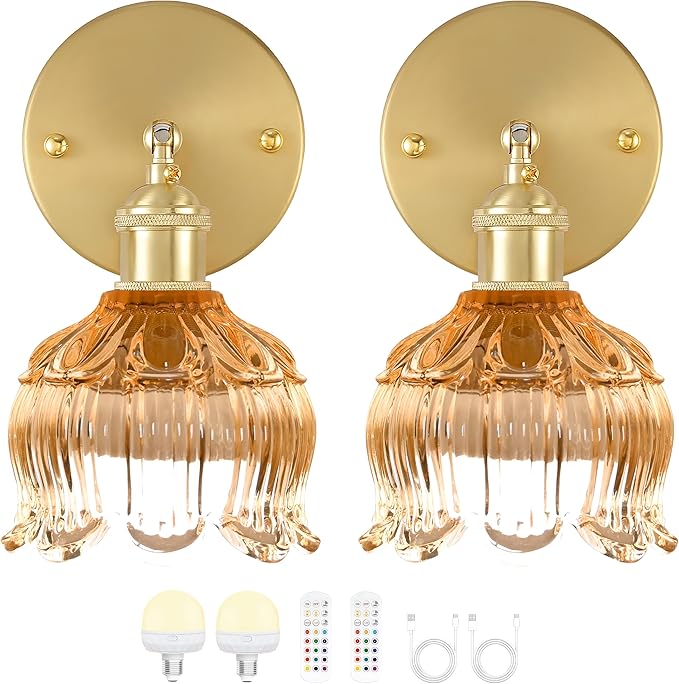 Wireless Wall Sconce with Flower lampshade, Battery Operated Wall Lights,Wall lamp with 15 Colors for Bedroom Living Room Home Decor (Amber, 2 Light Battery Operated)