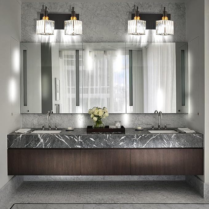 Modern Crystal Bathroom Vanity Light 2-Lights Black and Gold Bathroom Light Fixtures Over Mirror Bath Wall Sconce Lighting with Adjustment Angle