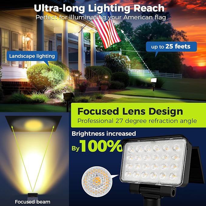 Solar Spot Lights Outdoor Waterproof for Flag, Tree, House, Garden, Yard, 3 Brightness Modes Solar Powered Landscape Spotlights 2 Pack Warm White