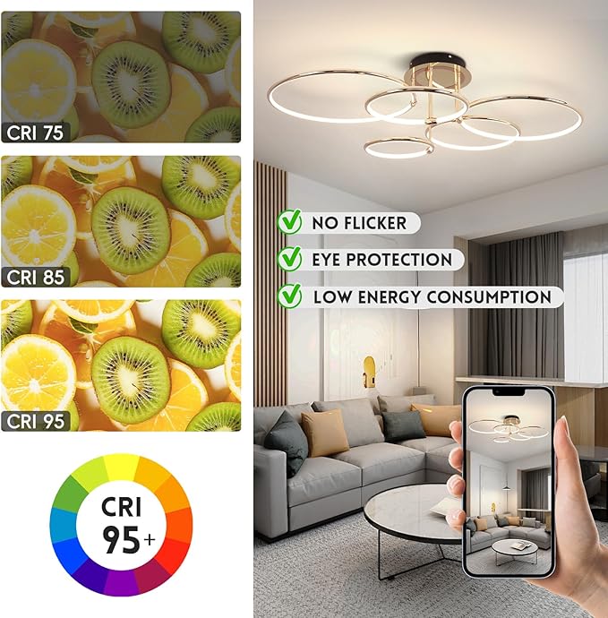 CANEOE Modern Ceiling Light Fixture,Gold Dimmable Led Ceiling Light with Remote Control for Living Room,5 Rings Flush Mount Ceiling Lamp for Living Room Bedroom Kitchen Lighting Fixtures Ceiling