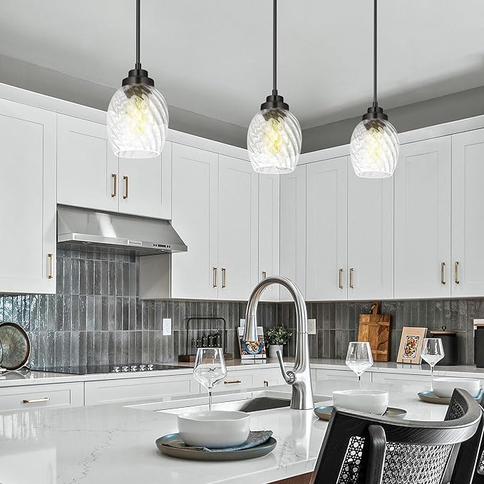 Glass Pendant Lights Kitchen Island,Twisted Clear Glass Treatment Pendant Light,Modern Hanging Light for Kitchen Sink Dining Room Bedroom, E26 (Black, 2pack)