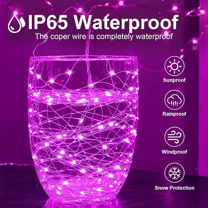 1Pack USB Plug in Fairy String Lights,16ft 50 LED Copper with Remote and Timer, 8 Modes Waterproof Twinkle String Lights for Bedroom Indoor Party Wedding Christmas Decoration(Pink)