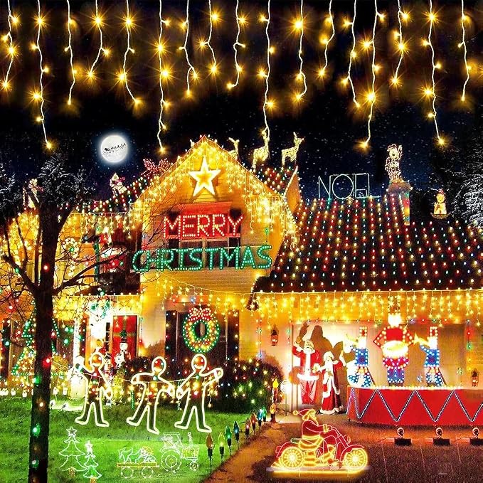 Sherno 1Pcs LED Solar String Lights, 8 Modes Icicle Curtain Lights, Outdoor Fairy Lights for Christmas, Garden, Party Decoration (Warm White, 137.8inch 96LEDs)