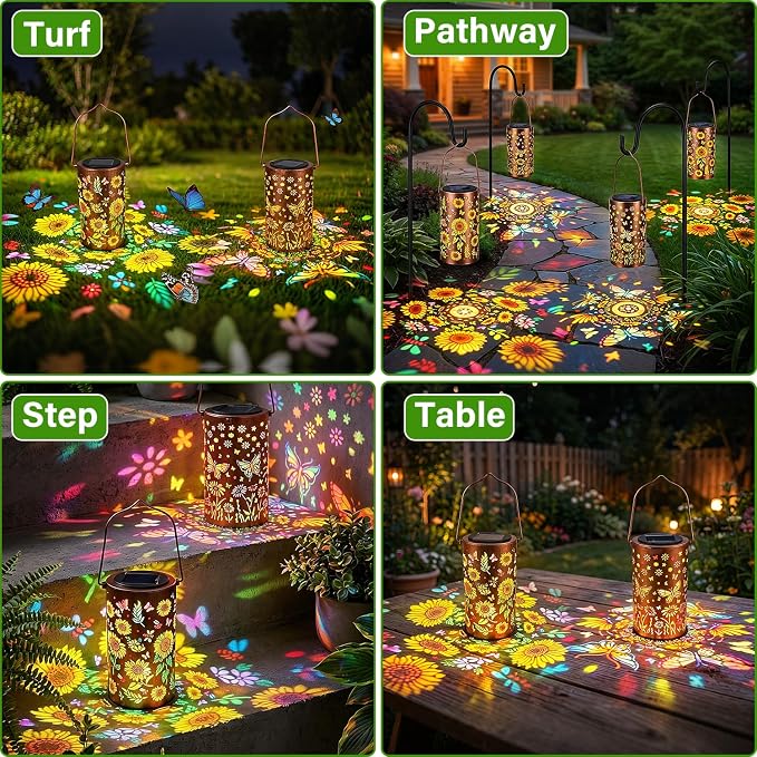 2Pack Colorful Solar Lanterns Outdoor Waterproof, Garden Decor Gifts for Women Mom Grandma - LED Sunflower and Butterfly Solar Powered Lights Metal Hanging Lantern for Outside Garden Patio Yard Porch