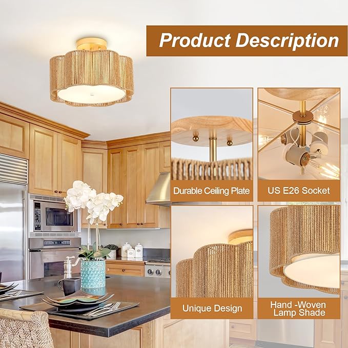 13 Inch Rattan Flush Mount Ceiling Light Fixtures 2-Light Boho Light Fixtures for Bedroom,Close to Ceiling Light Modern for Hallway Kitchen Entryway Dining Room