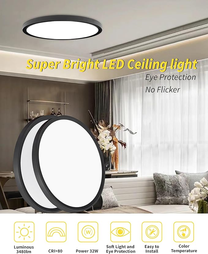 6Pack 16 Inch Led Flush Mount Ceiling Light Panel, 32W,3480LM, 3000K/4000K/6000K CCT Selectable,Ultra Thin Round Black Ceiling Light Fixture for Hallway Kitchen Bedroom Home Office Bathroom