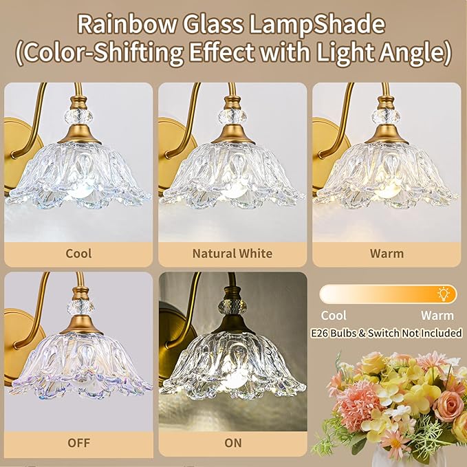 1 Piece Vintage Wall Sconce with Floral Rainbow Glass Shade, Matte Brass Finish Wall Mount Lighting for Bathroom,Vintage Bathroom Vanity Light Fixtures