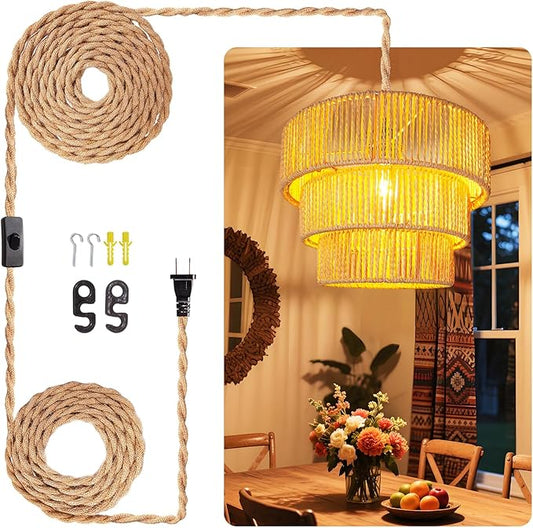 Maliralt Rattan Pendant Light Hanging Lamps - 16.4ft Plug in Cord Hanging Light Fixture Plug Into Wall Outlet Pendant Lighting with On Off Switch for Bedroom Living (3-Tier Rattan Lamp Shade)
