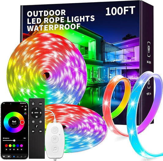 KSIPZE 100ft(2x50ft) Outdoor led Strip Lights Waterproof IP68, RGB Outdoor led Lights with Button & Bluetooth App Control, Music Sync, Timer, Exterior Led Rope Lights for Decor Balcony, Roof