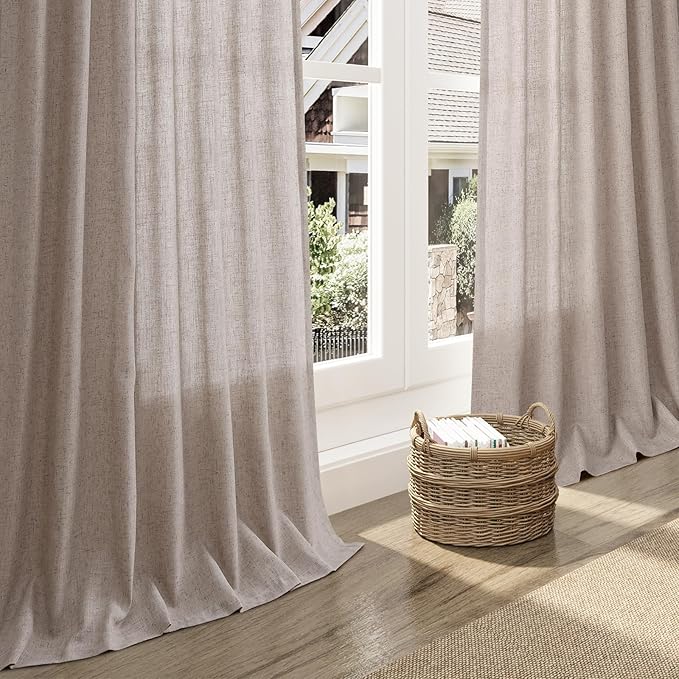 Extra Long Brownish Grey Curtain 108 Inches Long 2 Panels Set Back Tab Linen Drapes for Living Room Neutral Farmhouse Light Filtering Semi Sheer Linen Curtains 108 Inch Length for Large Window 9 FT