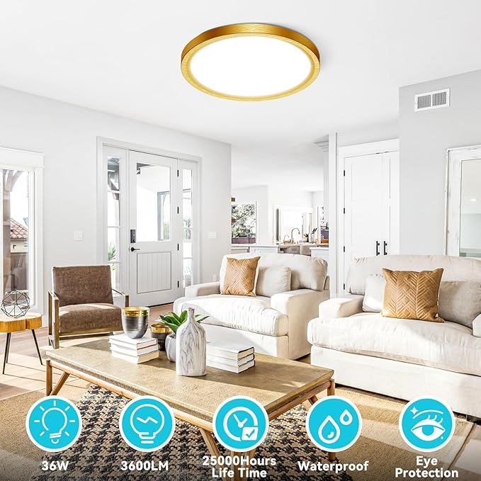 libtit 16Inch Flush Mount LED Ceiling Light Fixture, 3000K 4000K 6500K Adjustable, 36W 3600lm Gold Satin Round Ceiling Lamp for Bathroom Shower Hallway Kitchen, 2 Pack