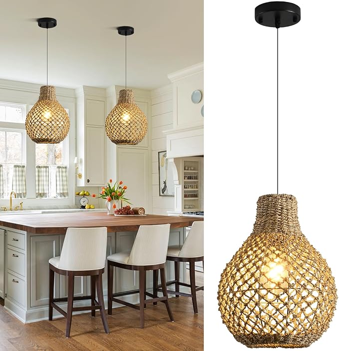 2-Pack Rattan Pendant Light,11.03" Boho Hand Woven Coastal Brown Wicker Hanging Lighting for Farmhouse Dining Room Kitchen Bedroom Hallway