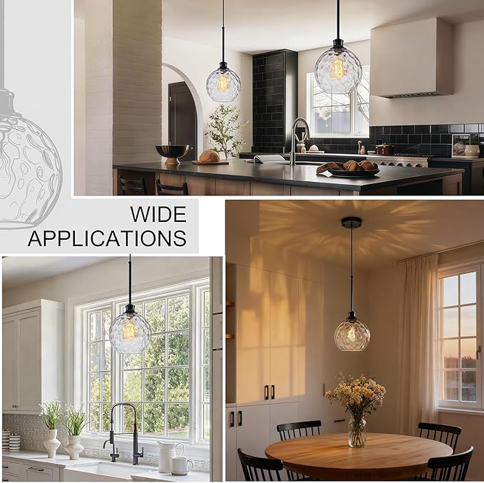Globe Pendant Light Fixtures, 2 Pack Glass Black Pendant Lights Kitchen Island with 7.8" Clear Hammered Glass, Adjustable Hanging Island Lights for Kitchen Bathroom Sink Entryway Dining Room