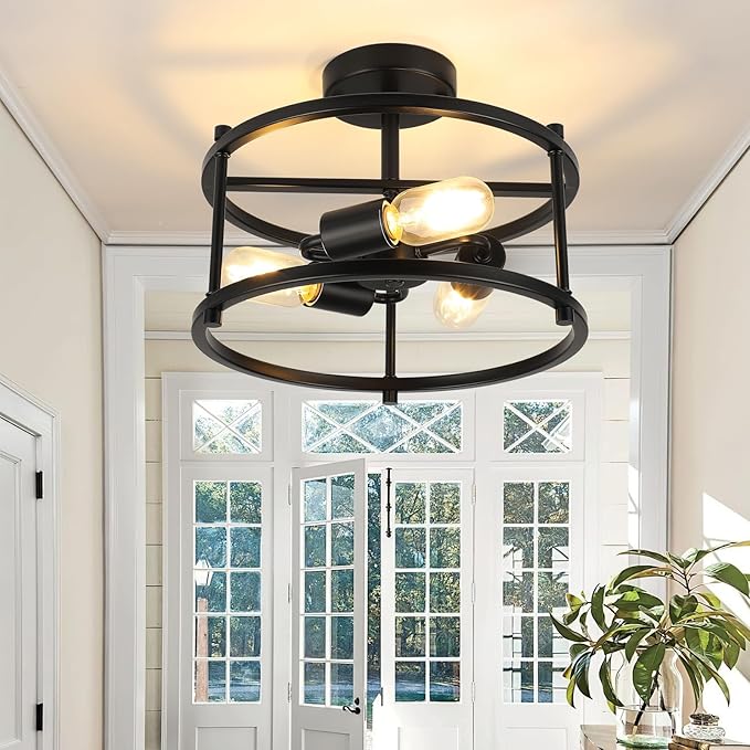 Semi Flush Mount Ceiling Light 12.59'' Farmhouse Black Ceiling Light Fixtures Industrial Kitchen Light Fixtures 3-Light Metal Cage Ceiling Lights for Bedroom, Living Room, Hallway, Foyer