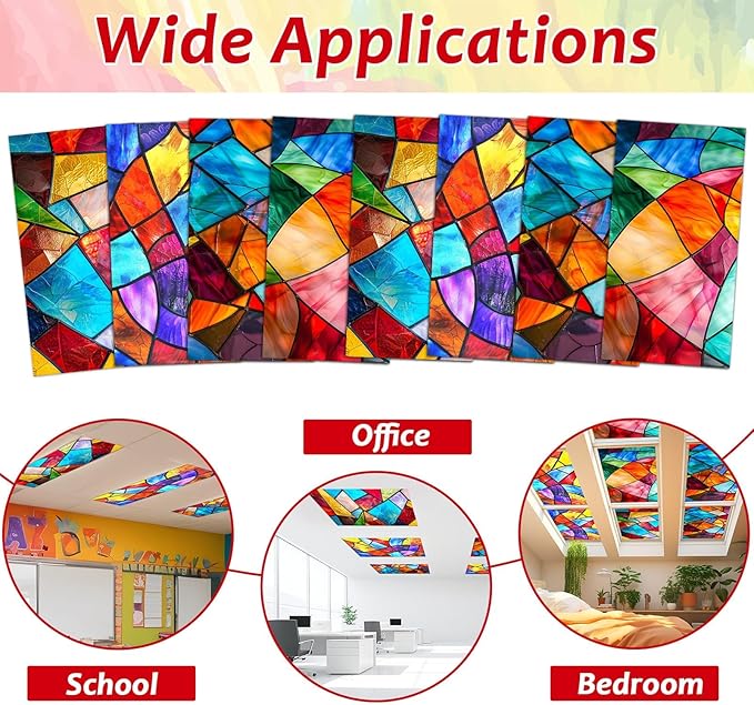 8 Pcs Fluorescent Light Covers with 80 Magnets Decorative for Classroom Ceiling Light 4 x 2Ft Magnetic Covers Filter Easy Install for Office Hospitals & Home Drop Ceiling Supplies（Retro Glass Window）