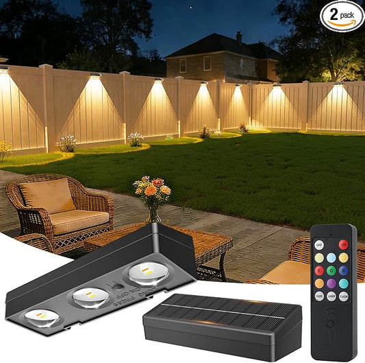 JOFIOS Solar Fence Lights with Remote 2 Pack, Color Changing RGB & Warm White, 12 Dynamic Modes, IP65 Waterproof, Solar Lights for Fence, Deck, Backyard, Patio Holiday & Party Decoration