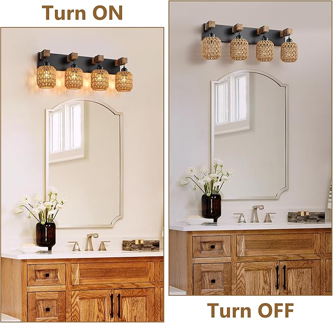 LmnLvn Farmhouse Bathroom Light Fixture, 4-Light Boho Vanity Light, Rattan Bathroom Light Fixture Over Mirror Rustic Vanity Lighting with Handwoven Shades, Suit for Restroom, Bedroom, Hallway