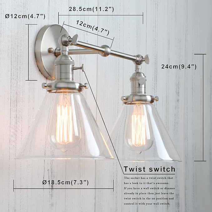 Permo Double Sconce Vintage Industrial Antique 2-Lights Wall Sconces with Funnel Flared Glass Clear Glass Shade (Brushed)