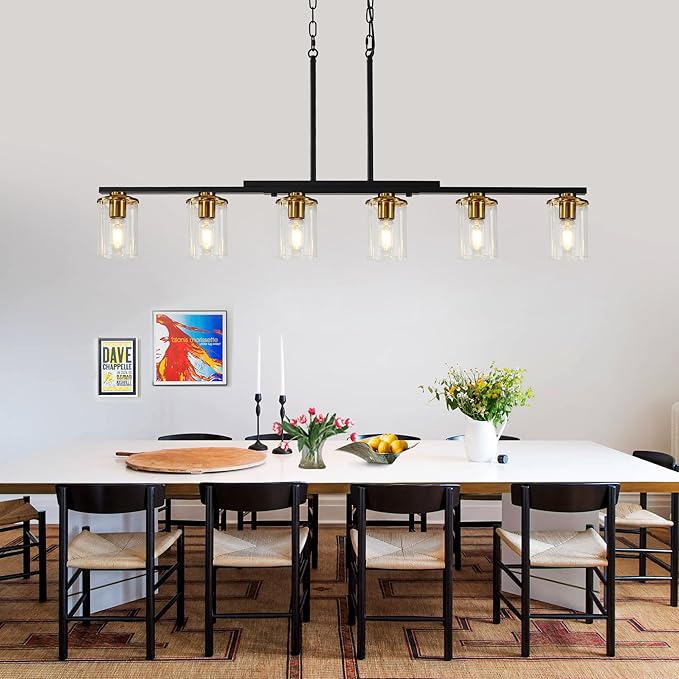 6-Light Kitchen Island Lighting,Dining Room Lights Modern Farmhouse Chandelier with Clear Glass Shade,Modern Rustic Black and Gold Metal Chandelier, Kitchen Pendant Light Fixtures Over Table