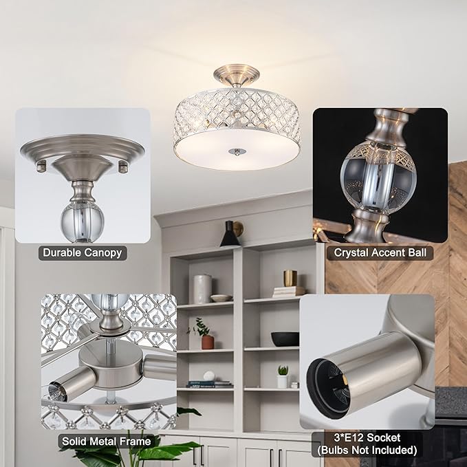 3-Light Brushed Nickel Semi Flush Mount Ceiling Light Fixture,Modern Drum Crystal Metal Acrylic Round Close to Ceiling Light