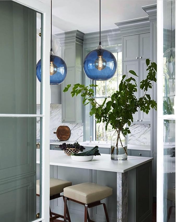 ARIAMOTION Pendant Lights Kitchen Island Blue Glass Lighting Modern Globe Ceiling Hanging Fixtures Seeded Bubble Bedside 8.7 Inch Diam 2-Pack Brushed Nickel
