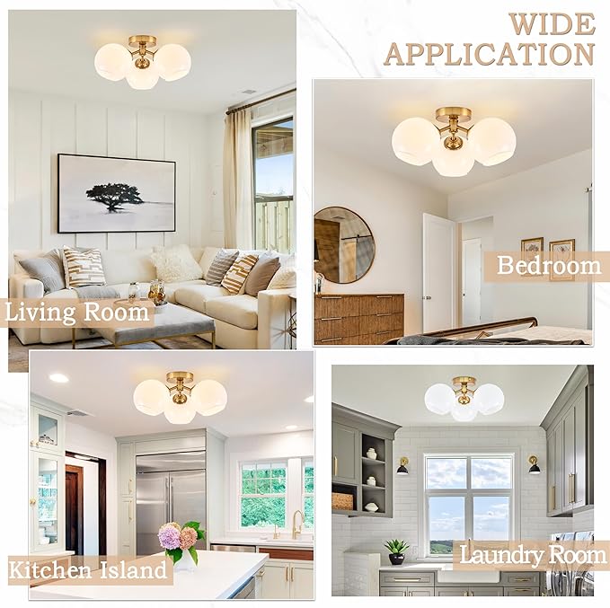 KoKo&Yukina 3-Light Mid Century Modern Gold Semi Flush Mount Ceiling Light Globe Sputnik Chandelier Fixture Milk Glass Globe Ceiling Lights for Bedroom Living Room Hallway Entryway Foyer