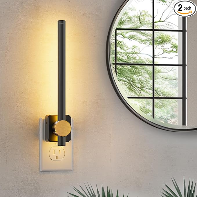 L LOHAS LED Night Light, [2-Pack] Night Lights Plug into Wall, Dimmable Night Light 0-200LM, Nightlights Black and Gold Vanity Nightlights for Bathroom Bedroom, Soft White 3000K, Dusk to Dawn Sensor