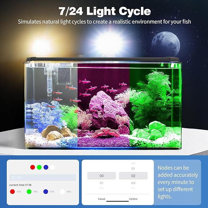 Bluetooth LED Aquarium Light with APP Control, 3 Modes for 12-18 Inch Fish Tank Light with Full Spectrum White Blue Red Green Lights, IP68 Waterproof with Extendable Brackets for Freshwater