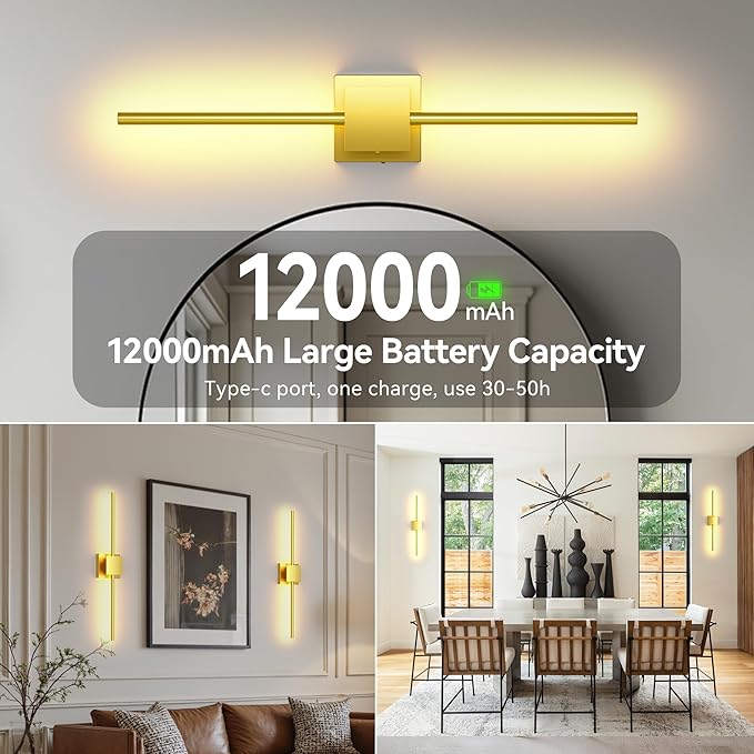 Torchlet Battery Operated Wall Sconces Set of 2 with Remote Control,DIY Independent Rotation Picture Lights,3000K-6000K Dimmable LED Rechargeable Wall Lights for Living Room Bedroom, 28.3'' Gold