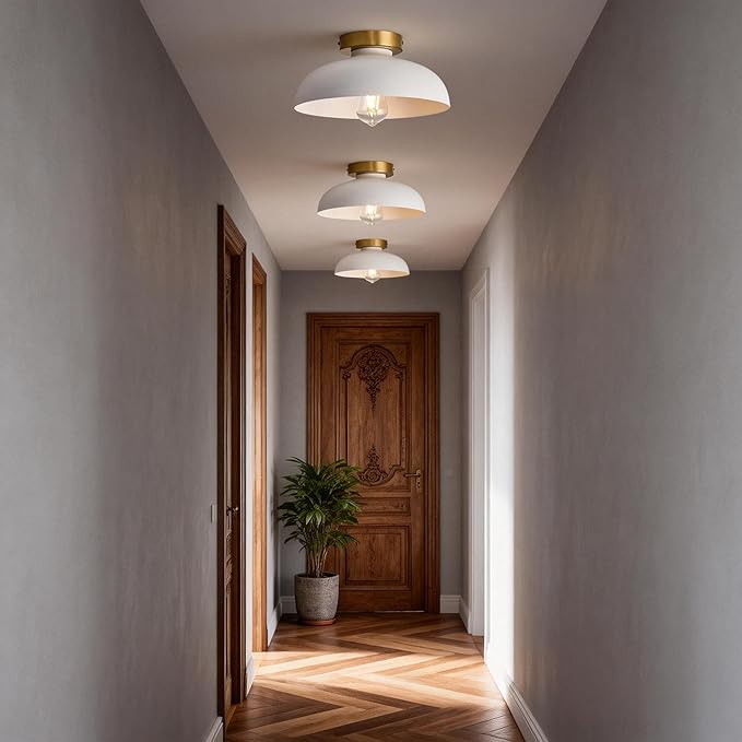 2 Pack Modern Semi Flush Mount Ceiling Light,Industrial White and Gold Ceiling Fixtures,E26 Ceramic Lamp Head Light Fixture for Kitchen Entryway Hallway Laundry Room Bedroom Foyer 11.8 Inch