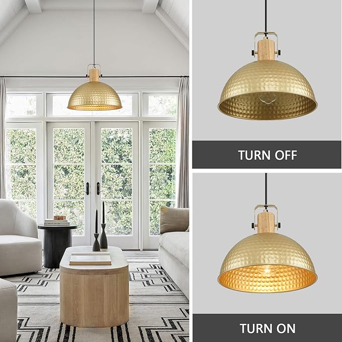 12 Inch Gold Pendant Lights Hammered Matte Pendant Lights for Kitchen Island Industrial Farmhouse Adjustable Height Dome Hanging Light Fixtures for Barn, Dining Room 2 Packs