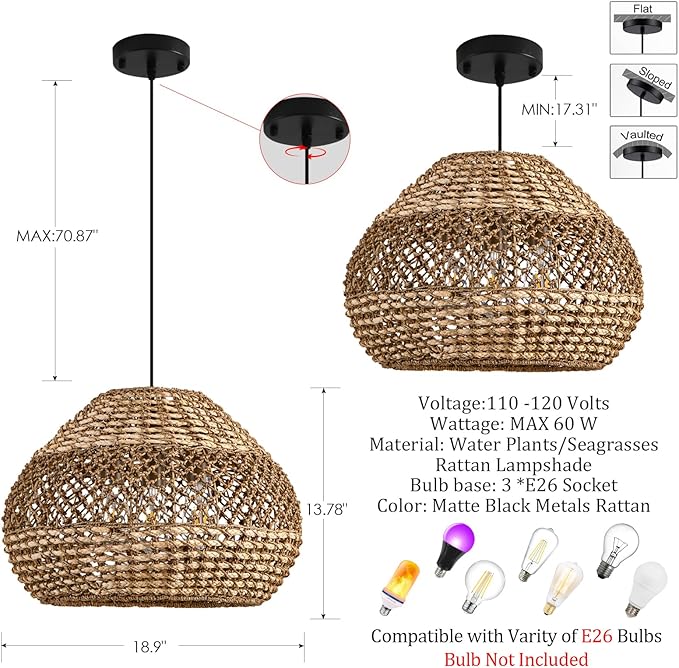 Rattan Pendant Light Fixtures,18.9" Boho Seagrass Pendant Light,3-Light Hand Woven Water Plants Rattan Chandelier for Dining Living Bedroom Kitchen Farmhouse