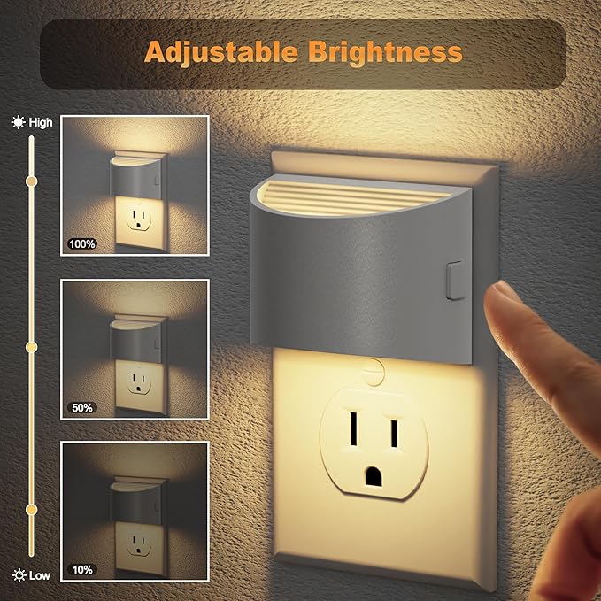 JandCase Night Light, Automatic Night Lights Plug into Wall,2 Pack Dusk to Dawn Sensor Nightlight, 3000K Soft White Brightness Adjustable Nightlight for Kids Bedroom Hallway Kitchen Decor