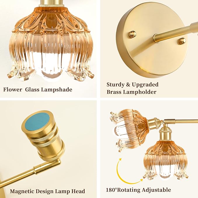 Wireless Wall Sconce with Flower lampshade, Battery Operated Wall Lights,Wall lamp with 15 Colors for Bedroom Living Room Home Decor (Amber, 2 Light Battery Operated)
