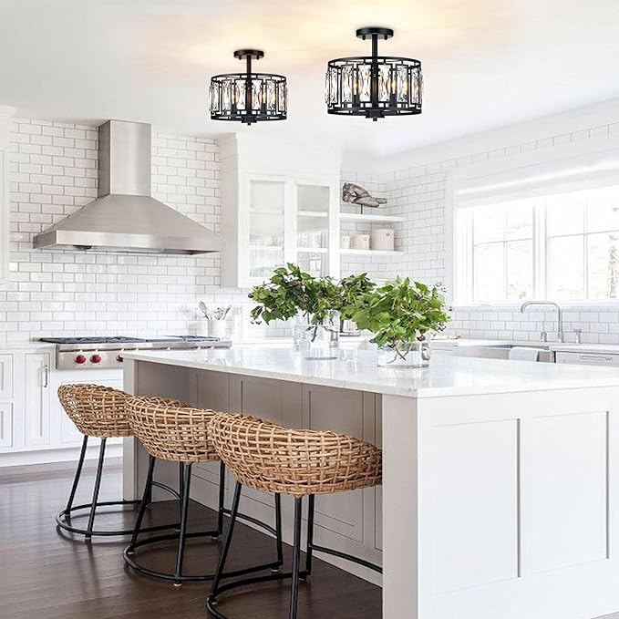 Modern Crystal Semi Flush Mount Ceiling Light Black Close to Ceiling Light Fixtures,3-Light Ceiling Light for Dining Room Bedroom Kitchen Island Hallway Entryway