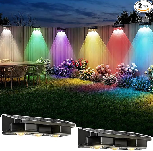 Solar Fence Lights Outdoor 2 Pack, Warm White & 8 Colors & RGB, IP65 Waterproof LED Deck Light, Dusk to Dawn Fence Lights Solar for Wall, Railing, Step, Patio, Pool, Backyard, Outside