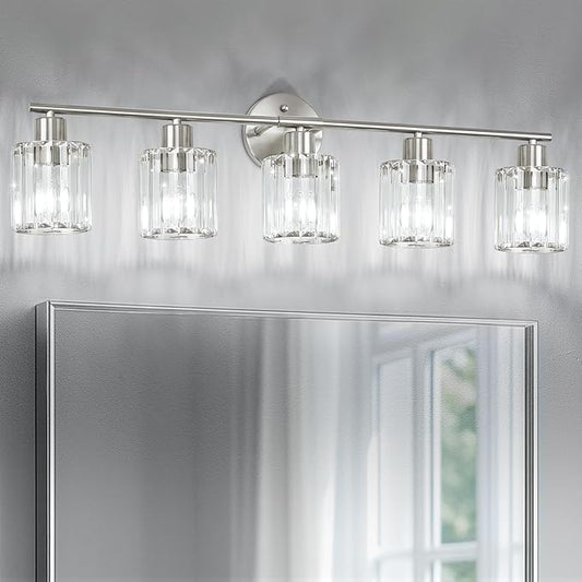 Crystal Bathroom Light Fixtures,Bathroom Lighting Fixtures Over Mirror, Modern 5-Light Brushed Nickel Vanity Lights for Mirror, Restroom,Kitchen(Ceramic E26 Socket,Bulbs Not Include)