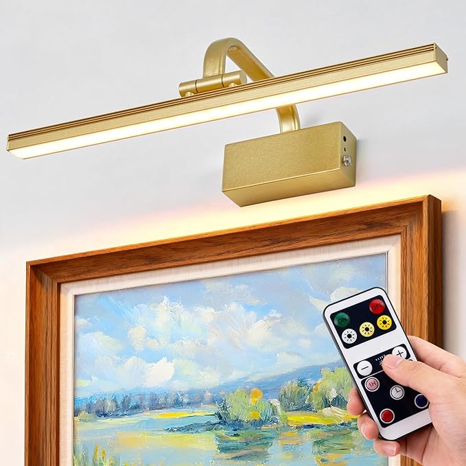 RAIFOOLLY Picture Light, 16inch Cordless Picture Lights for Wall with Timer and Dimmable, Battery Operated Metal Wall Lights for Display Gallery Painting Art Frame Portrait - Gold