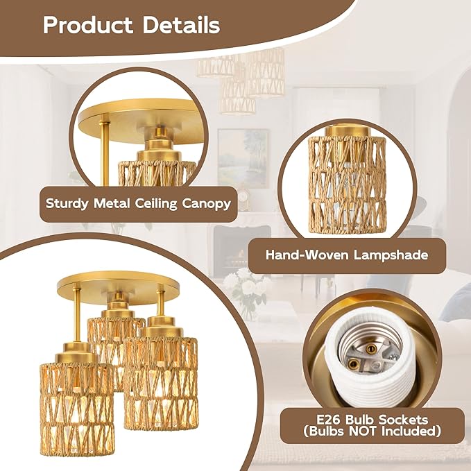 hykolity 3-Light Semi Flush Mount Ceiling Light Fixture, Boho Farmhouse Light Fixtures Ceiling Mount with Hand Woven Rattan Shade, Gold Ceiling Lighting for Kitchen, Bedroom, Entryway, Hallway, ETL