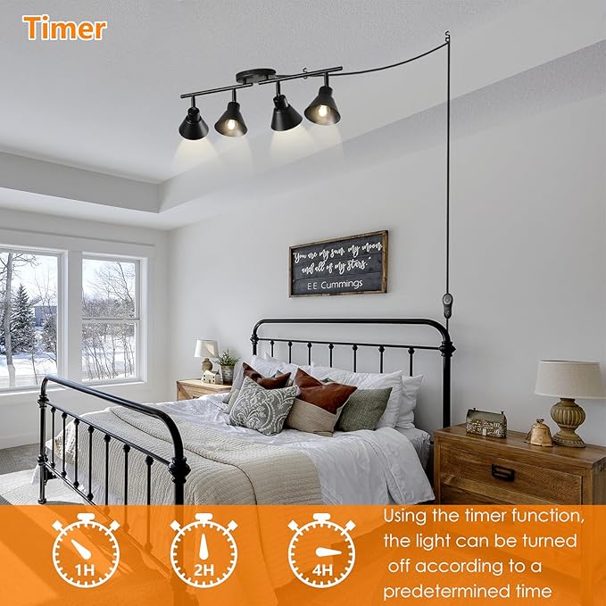 4 Light Plug in Track Lighting Kit,Modern Plug in Ceiling Light Fixture,16.4ft Cord,Timer & Dimming Switch,4 Way Ceiling Spot Lighting,Flexibly Rotatable Light Head (Black)
