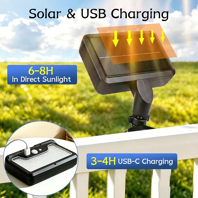 Akynite Magnetic Solar Lights Outdoor, 92LED 600LM Solar Security Light with Motion Sensor, IP65 Waterproof RV Exterior Lights with 4 Lighting Modes USB Charge for Deck Patio Camper Exterior Wall